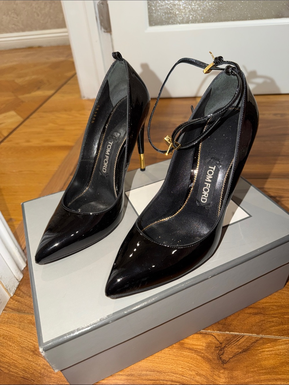 Tom Ford Black Patent Leather Pointed Ankle-Strap Stilettos